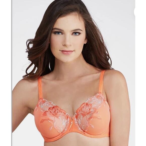 Wacoal In Bloom Embroidered Lace Bra Womens 34DD Orange Coral Lace Embroidered - Picture 2 of 11